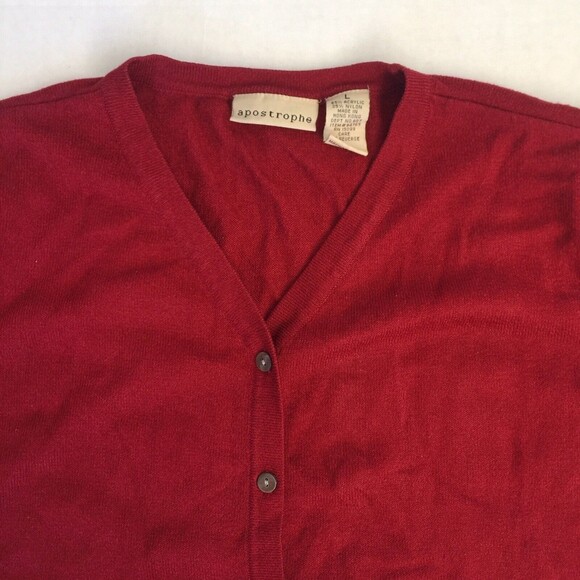 Apostrophe Cardigan Red 3/4 Sleeves Vintage Made in HK Acrylic Nylon Size Large - Picture 2 of 11